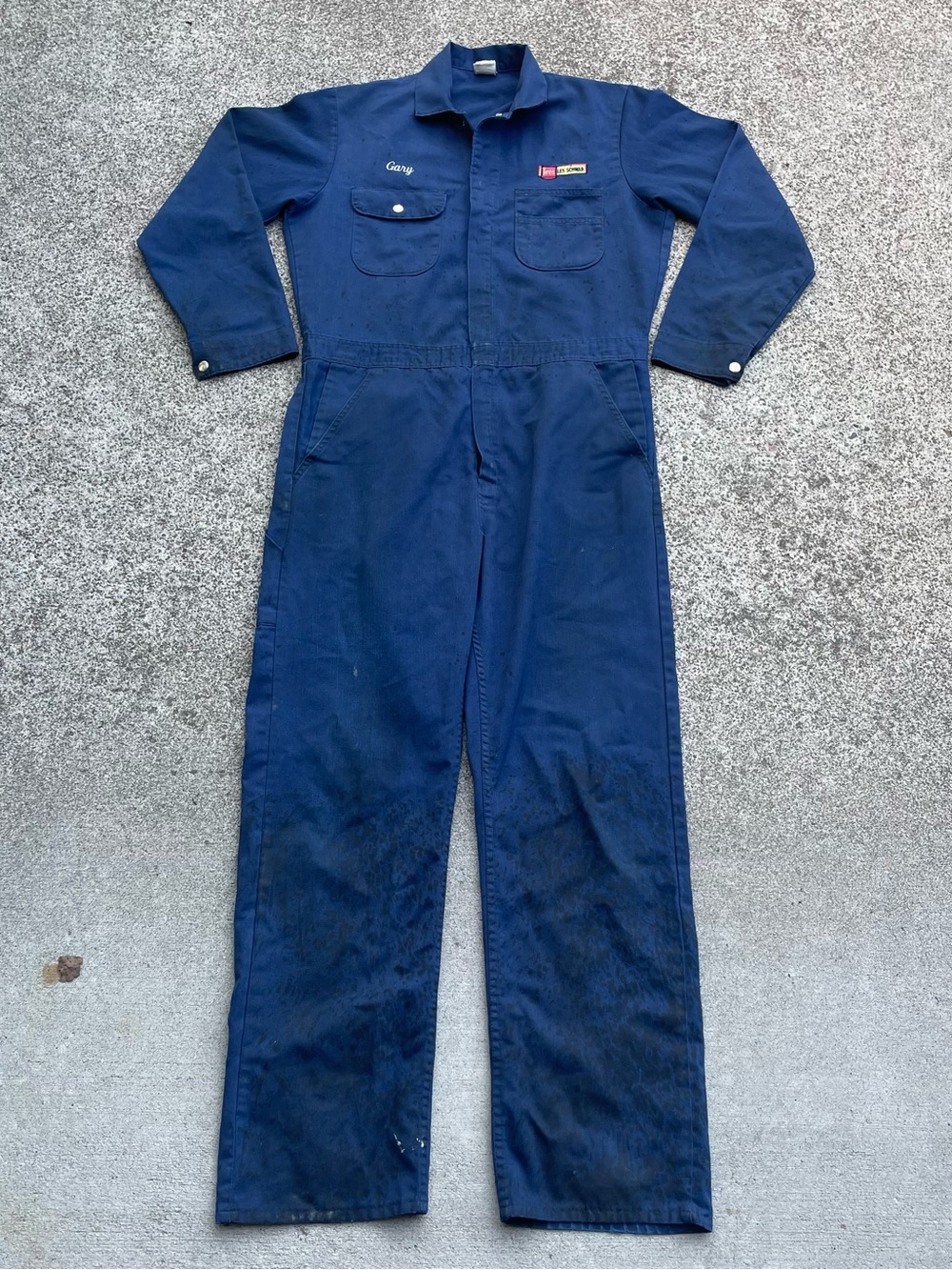 Vtg Les Schwab Tires Mechanic Coveralls Mens XL Navy Blue Patch Employee Name